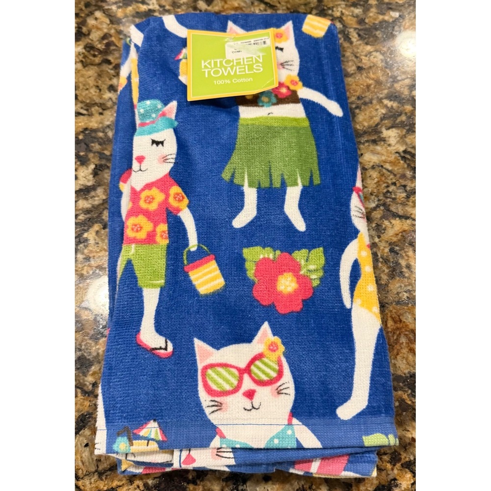 Ritz Kitchen Towels Blue Beach Kitty Kitten Toss Cat Print 2pc Set Cotton NEW